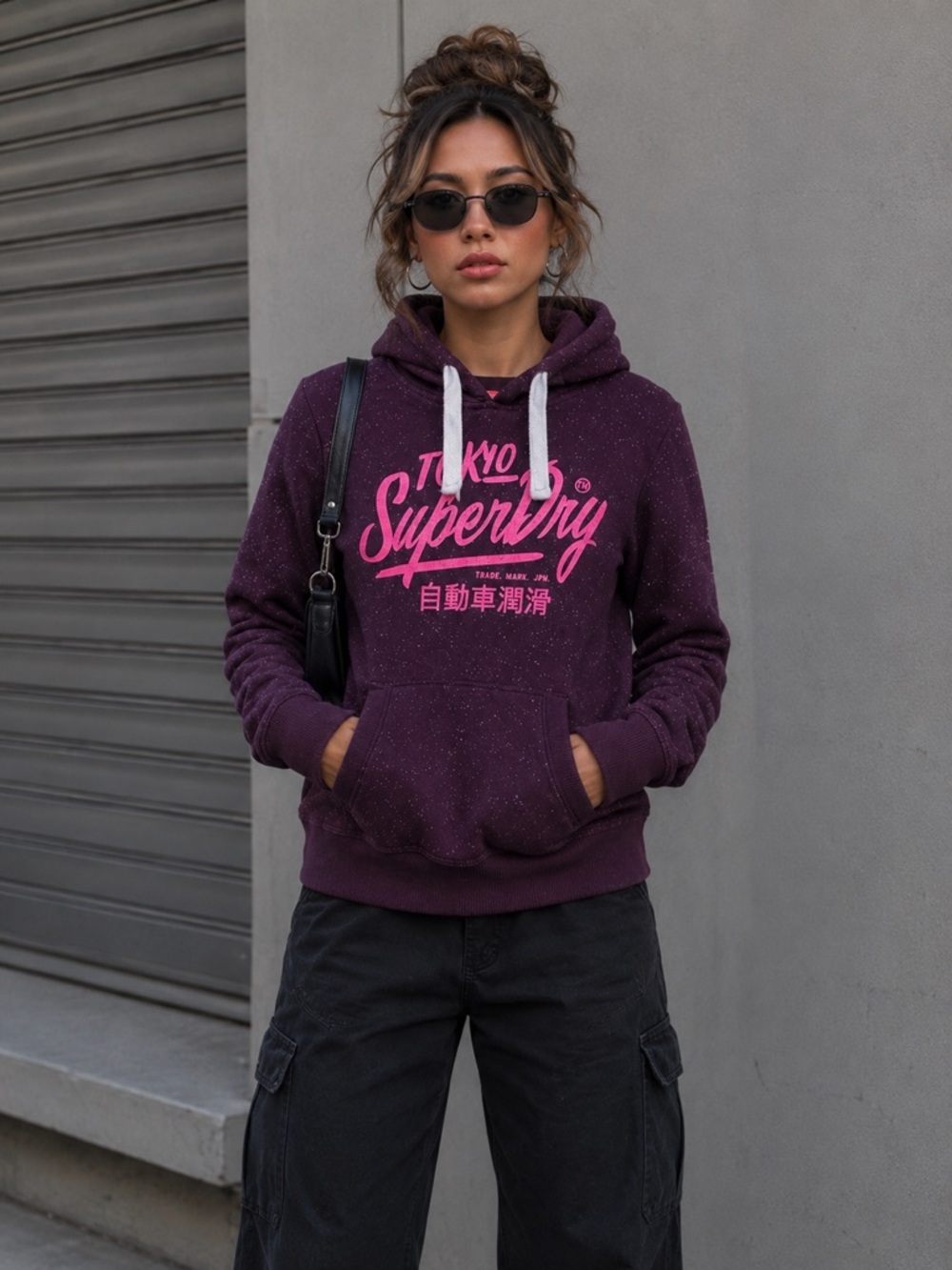 Superdry Tokyo Logo Pullover Hoodie Purple Speckled Sweatshirt Women’s Small